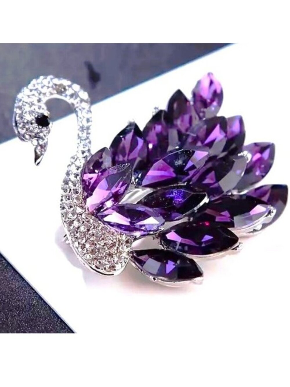 Swan Brooch Rhinestone Pin Purple Jewels Gems Crystal Silver Sparkle Glam Trendy